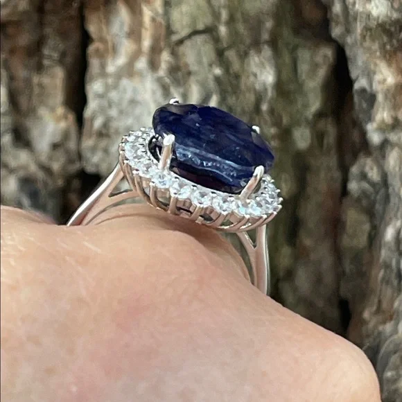 NWT Natural Sapphire 16X13mm CZ accents Statement Ring S10 Unheated/ Untreated - Picture 10 of 14